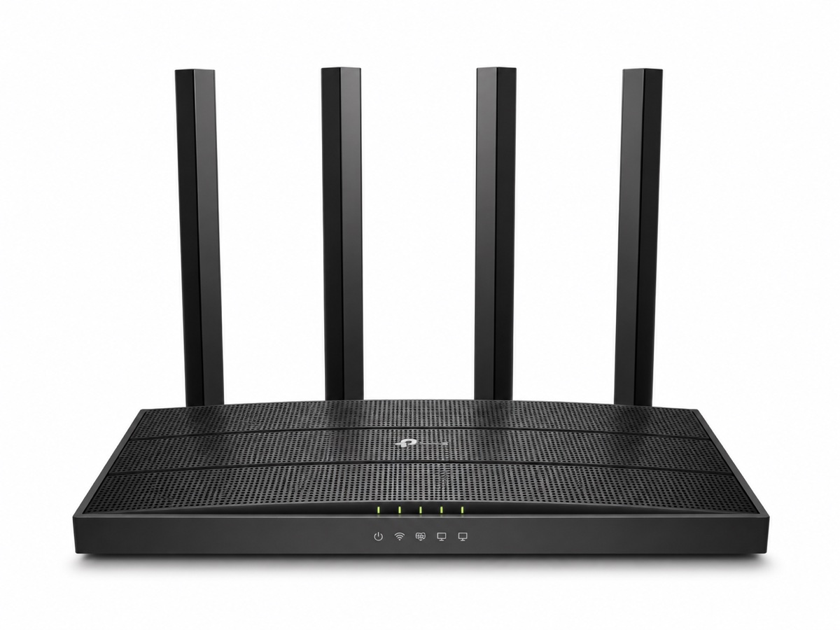 Router Wi-Fi Dual-Band preto com quatro antenas